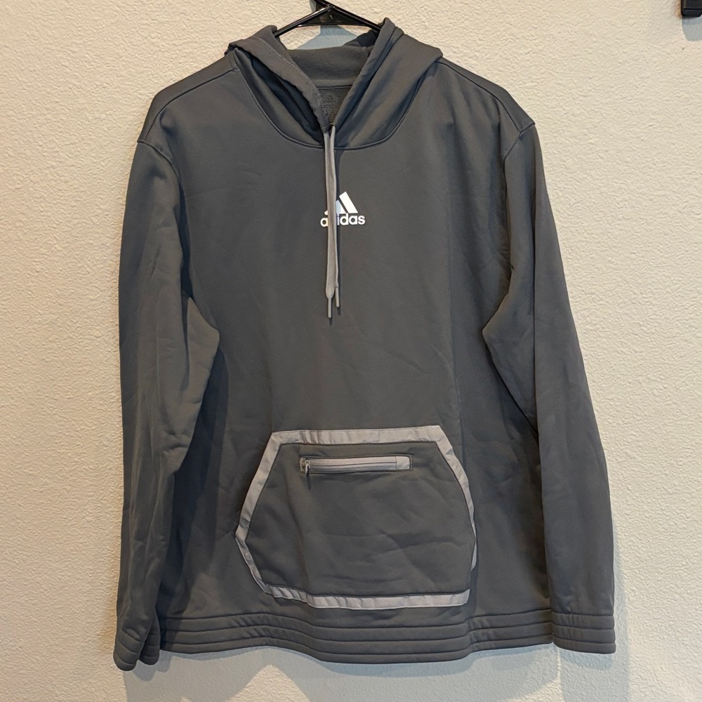 NWOT 2X Adidas Charcoal Hoodie with Kangaroo Pocket + zip pocket detail.